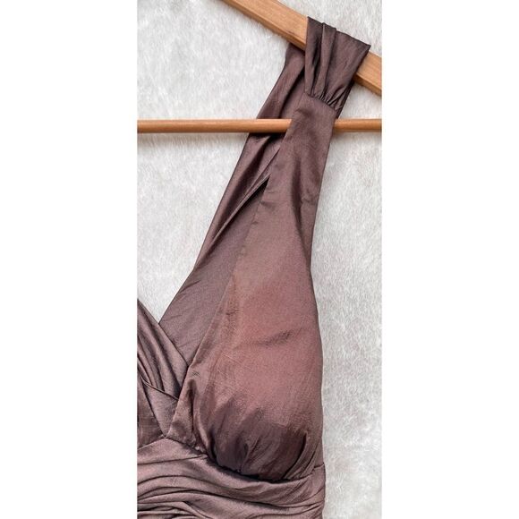 Adrianna Papell Iridescent Chocolate Brown Halter Taffeta Rosette Dress, Size 4 - Picture 7 of 16